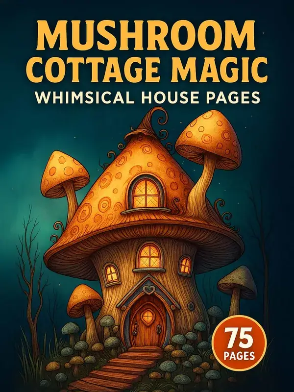 Mushroom Cottage Magic – 75 Whimsical House Pages printable coloring book cover