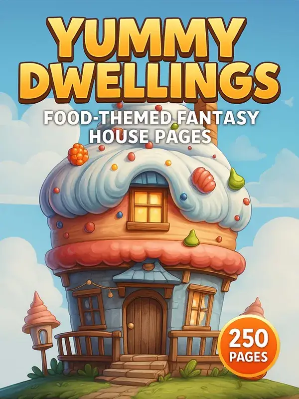 Yummy Dwellings – 250 Food-Themed Fantasy House Pages printable coloring book cover