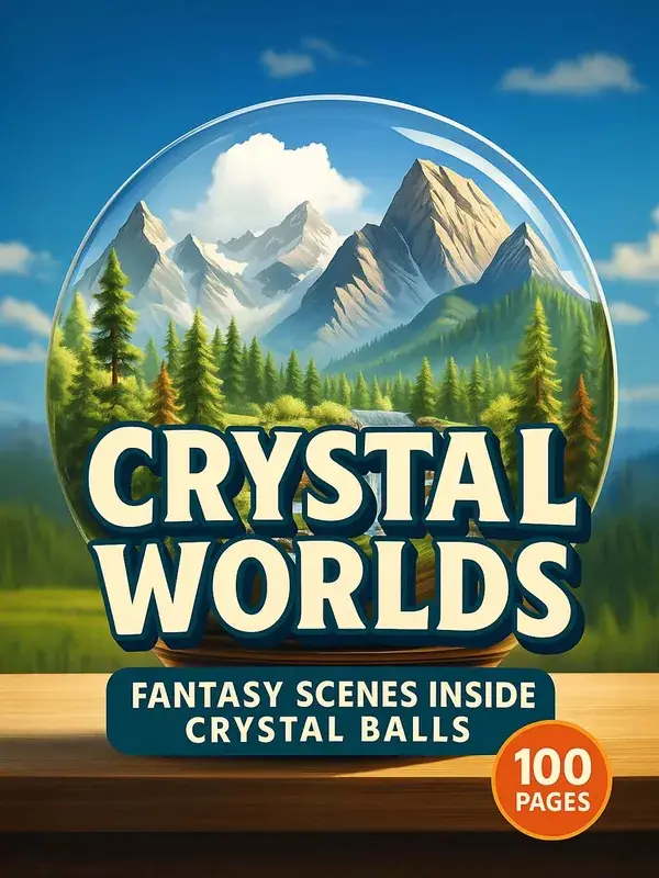 Crystal Worlds – 100 Fantasy Scenes Inside Crystal Balls printable coloring book cover