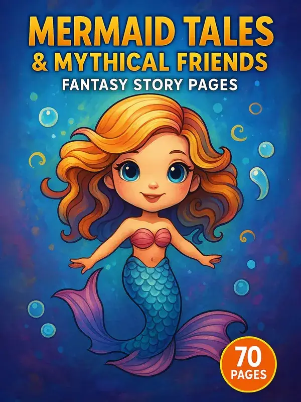 Mermaid Tales & Mythical Friends – 70 Fantasy Story Coloring Pages printable coloring book cover